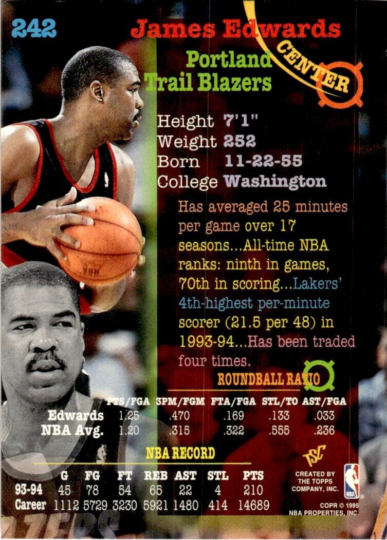 1994-95 Stadium Club Basketball Card James Edwards Portland Trail Blazers #242