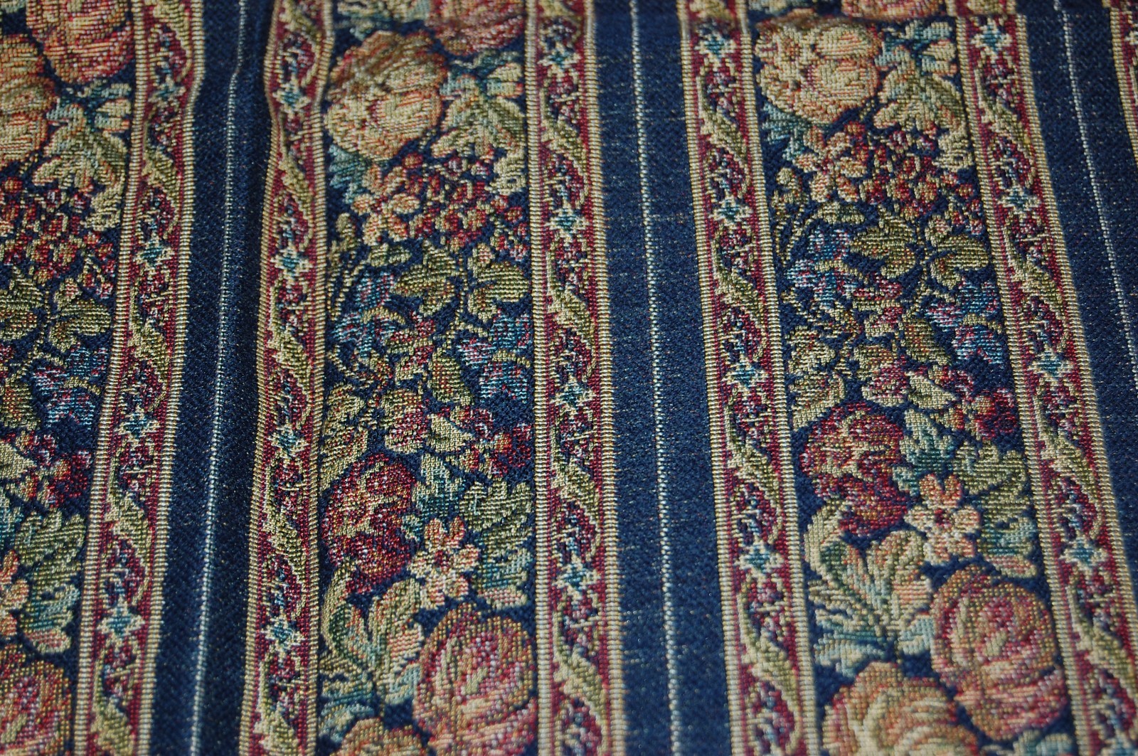 Vintage Mid Century Upholstery Linen Blue Striped Fruit Sage Orange Red 1.5 Yard