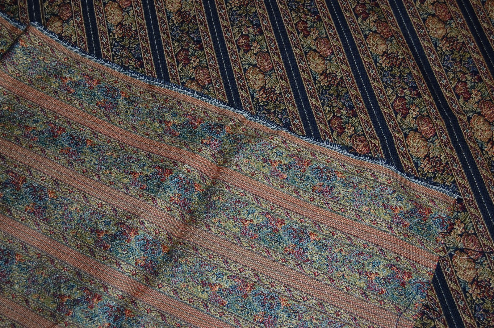 Vintage Mid Century Upholstery Linen Blue Striped Fruit Sage Orange Red 1.5 Yard