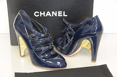 Pre-owned Chanel Buckle Navy Blue Patent Pumps Strap Heels Shoes 39.5