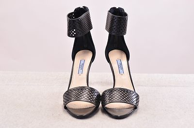 Pre-owned Prada Calz Donna Black Ankle Wrap Leather Open Toe High Heel Made In Italy