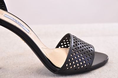 Pre-owned Prada Calz Donna Black Ankle Wrap Leather Open Toe High Heel Made In Italy