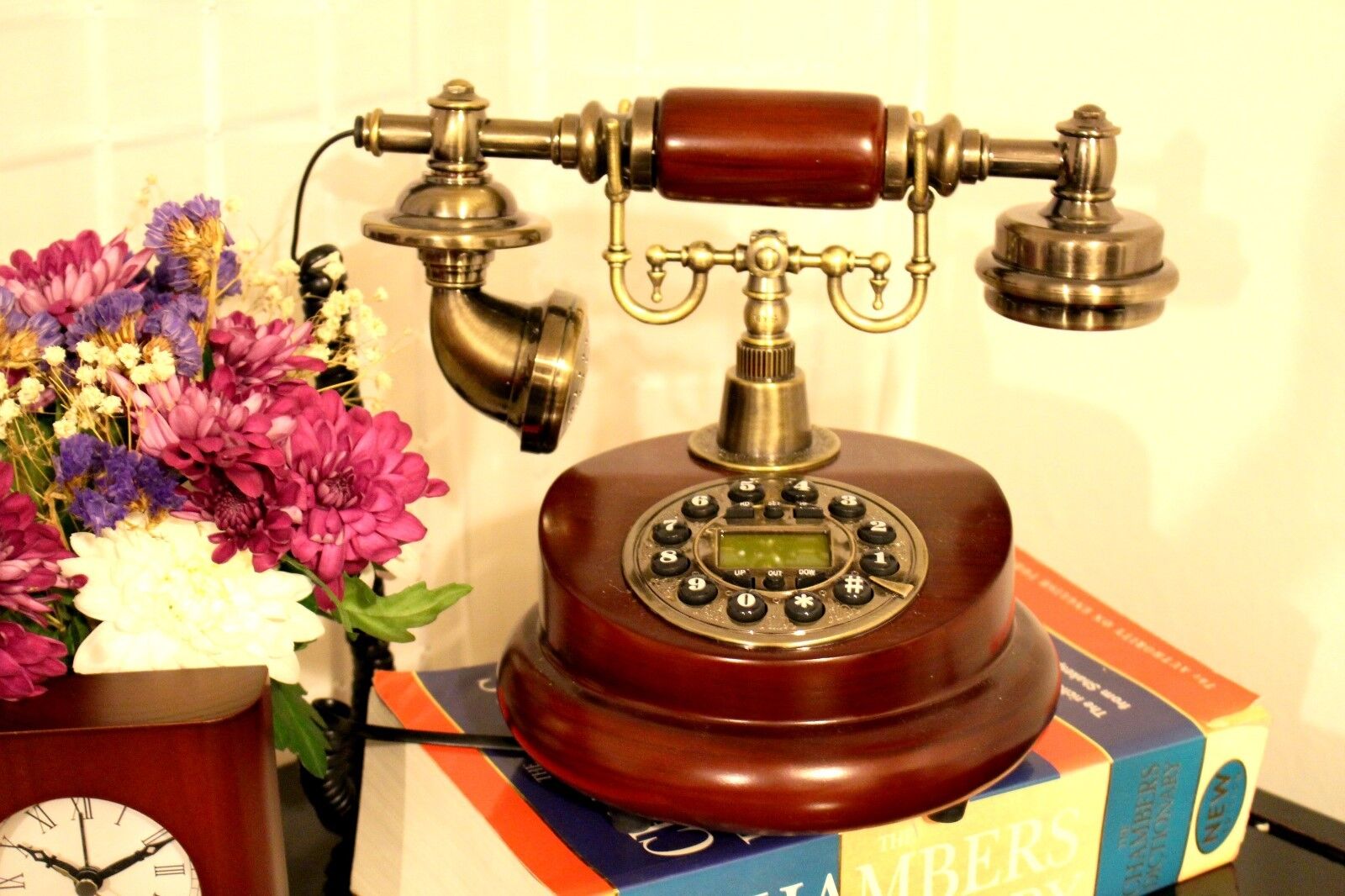 New Antique Button Dial Telephone Retro Vintage Wooden Home Decor Landline Cord