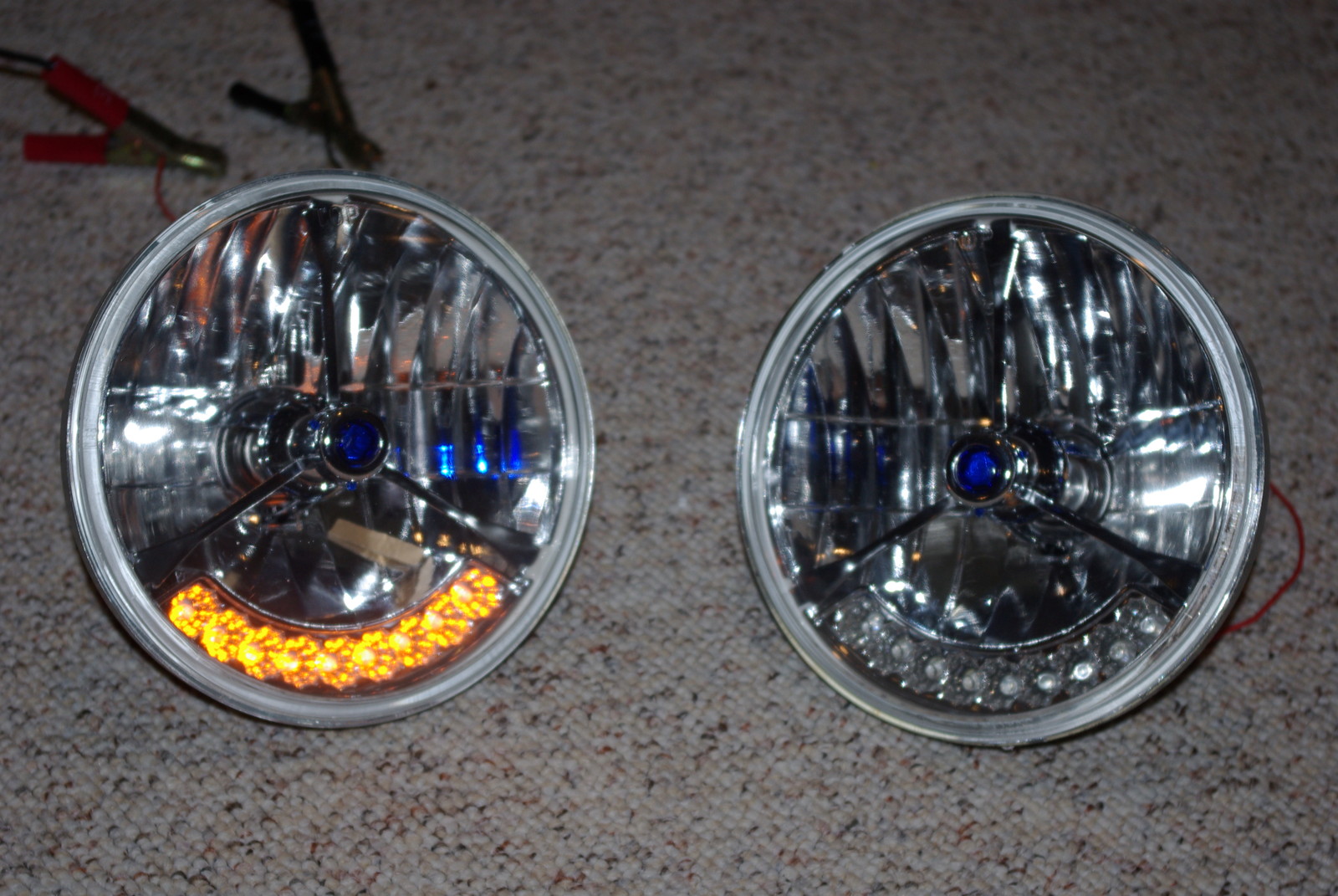 7" Tri Bar BLUE Dot Street Hot Rat Rod H4 Headlights w/ Amber LED Turn