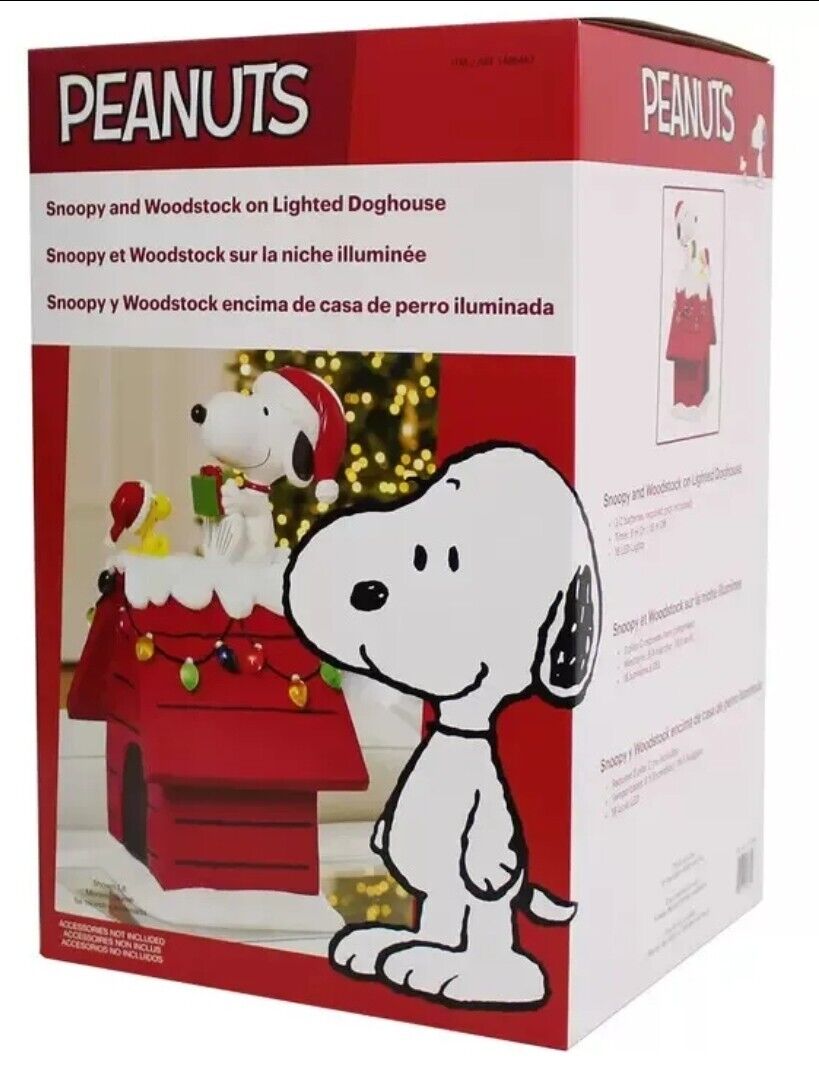 Christmas Peanuts Snoopy and Woodstock On Lighted LED Dog House 