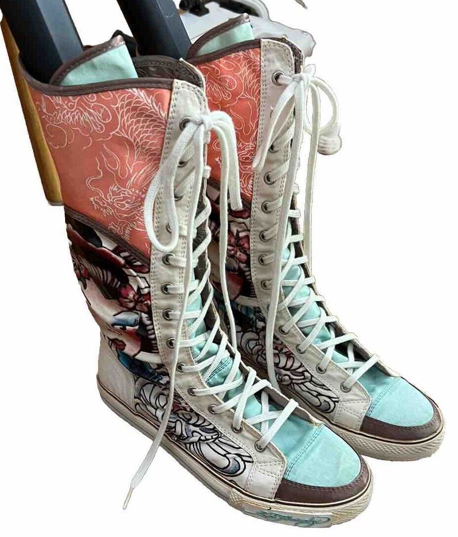 Ed Hardy Size 6 Geisha High Top Sneakers Pink Blue, Excellent Rare/Vintage