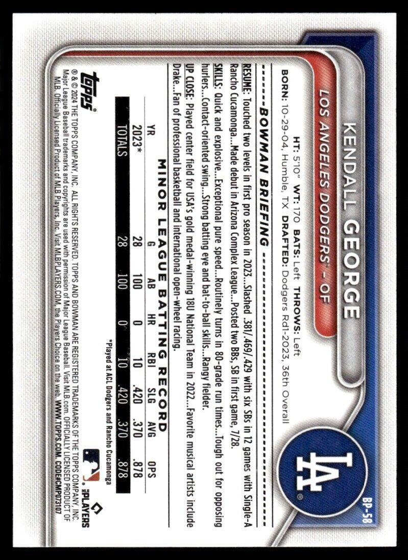 Kendall George 2024 Bowman Paper Prospects Q39 #BP-58 Los Angeles Dodgers