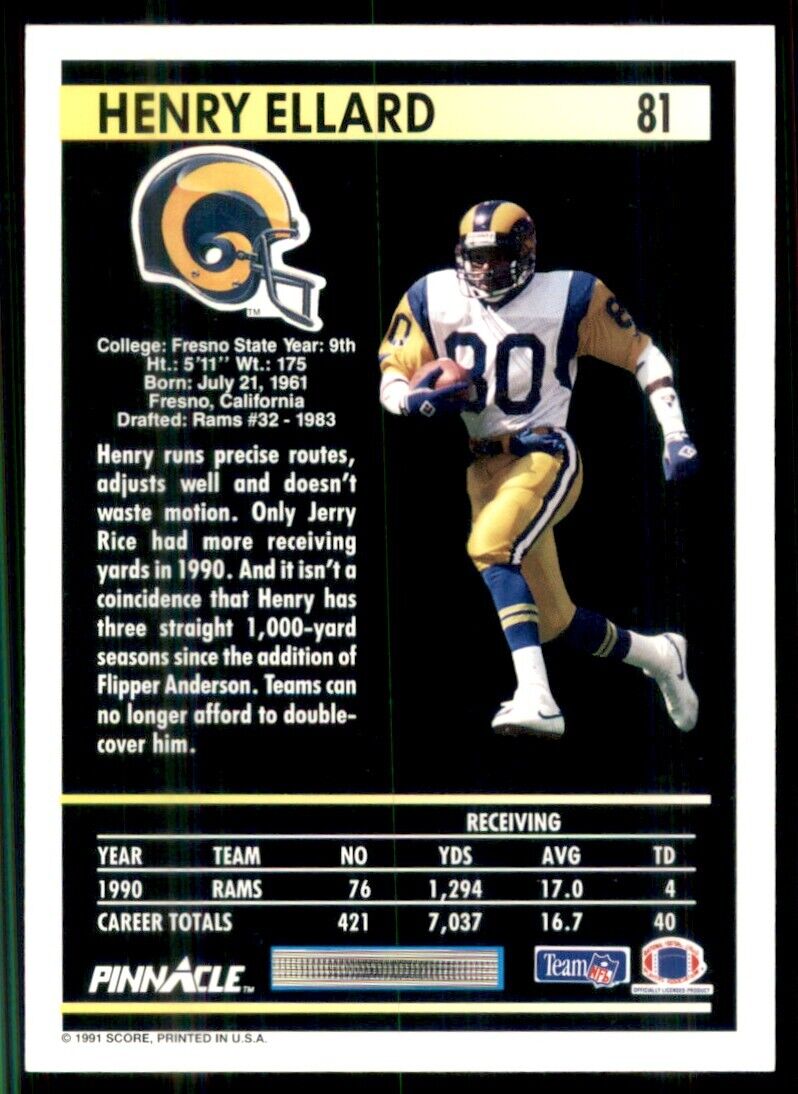 1991 Pinnacle Henry Ellard Los Angeles Rams #81