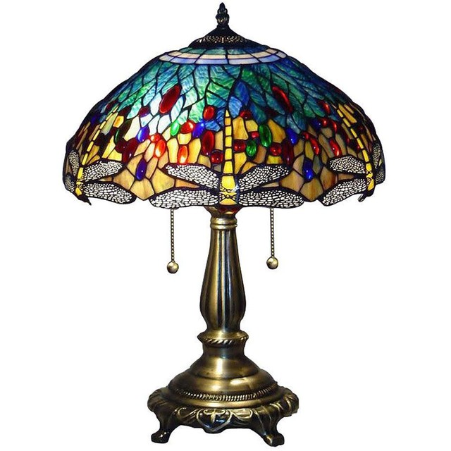 Handcrafted Tiffany Blue Dragonfly Table Lamp Elegant Bronze Stained Glass Shade