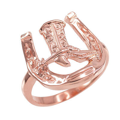 Pre-owned Claddagh Gold Polished Solid Rose Gold Horseshoe With Cowboy Boot Men's Ring