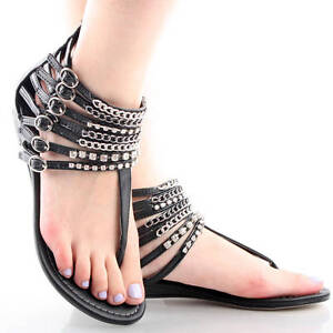 Black-Rhinestones-Chain-Gladiator-Strappy-Thong-Wedge-Low-Heel-Sandals ...