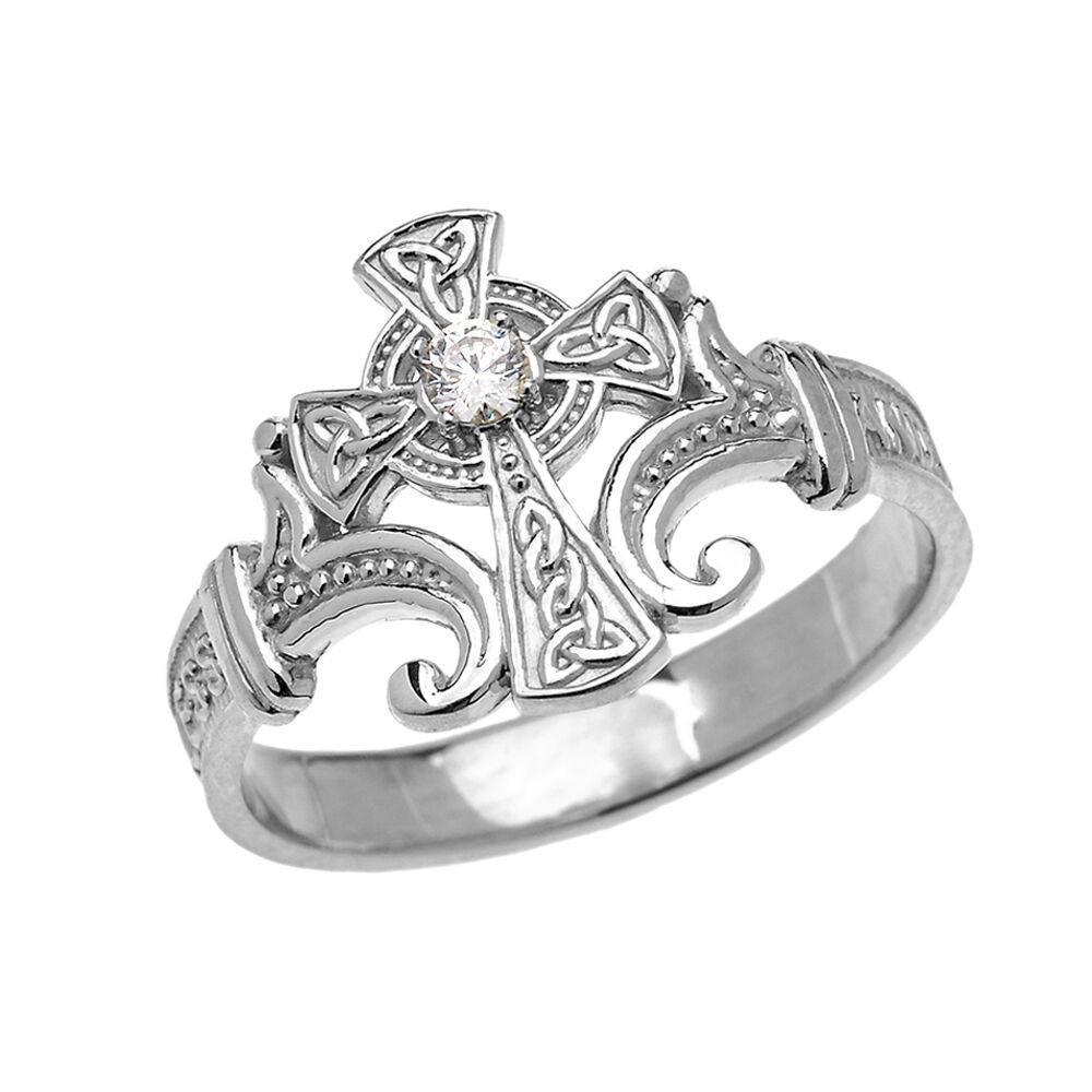 Pre-owned Claddagh Gold 14k White Gold Solitaire Cz Stone Celtic Cross Encrypted Prayer Blessings Ring