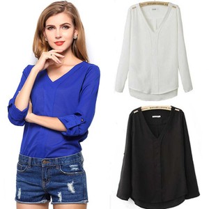 Sexy Women's V-neck Chiffon Long Sleeve Casual Elegant Blouse Loose Tops T-Shirt