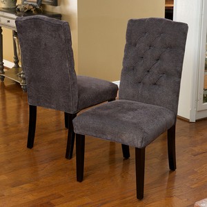 Set of 2 Elegant Gray Linen Upholstered Parsons Dining Chairs w Tufted