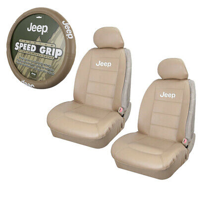 JEEP Tan Synthetic Leather Car Truck 2 Front Seat Covers & Steering Wheel Cover