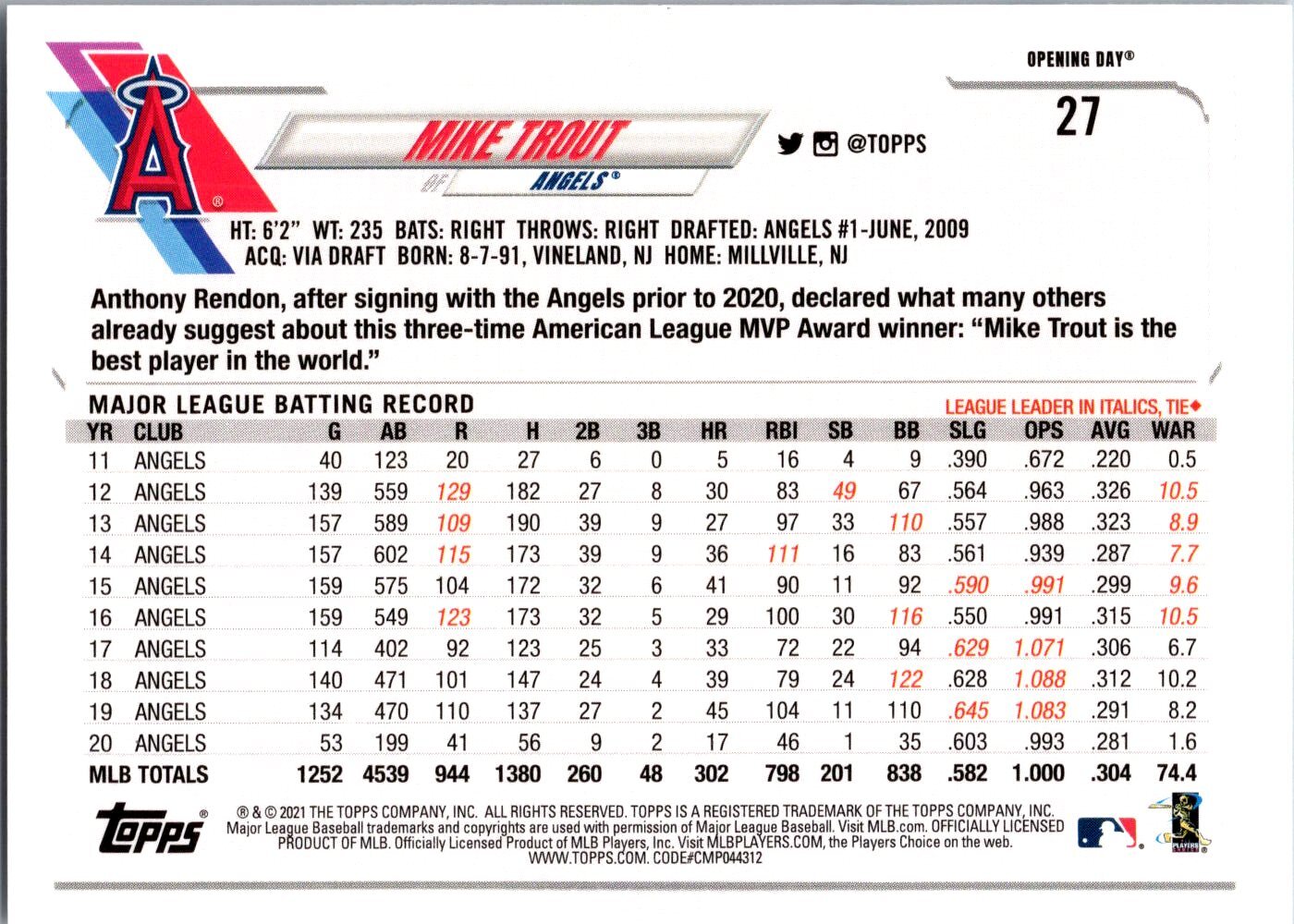 Yahoo!オークション Mike Trout 2021 Topps Opening Day 27 Los Ang...