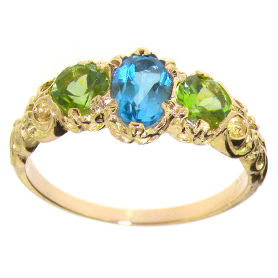 Pre-owned Gems Of America 10k Yellow Gold Natural Blue Topaz & Peridot Womens Trilogy Ring - Sizes 4 To 12
