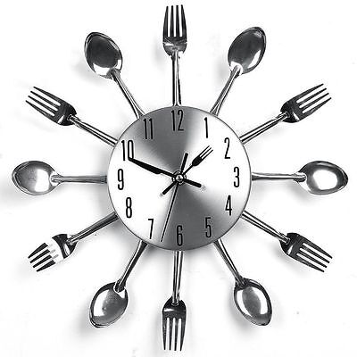 Modern Design Sliver Cutlery Kitchen Utensil Wall Clock Spoon Fork Clock 31cm