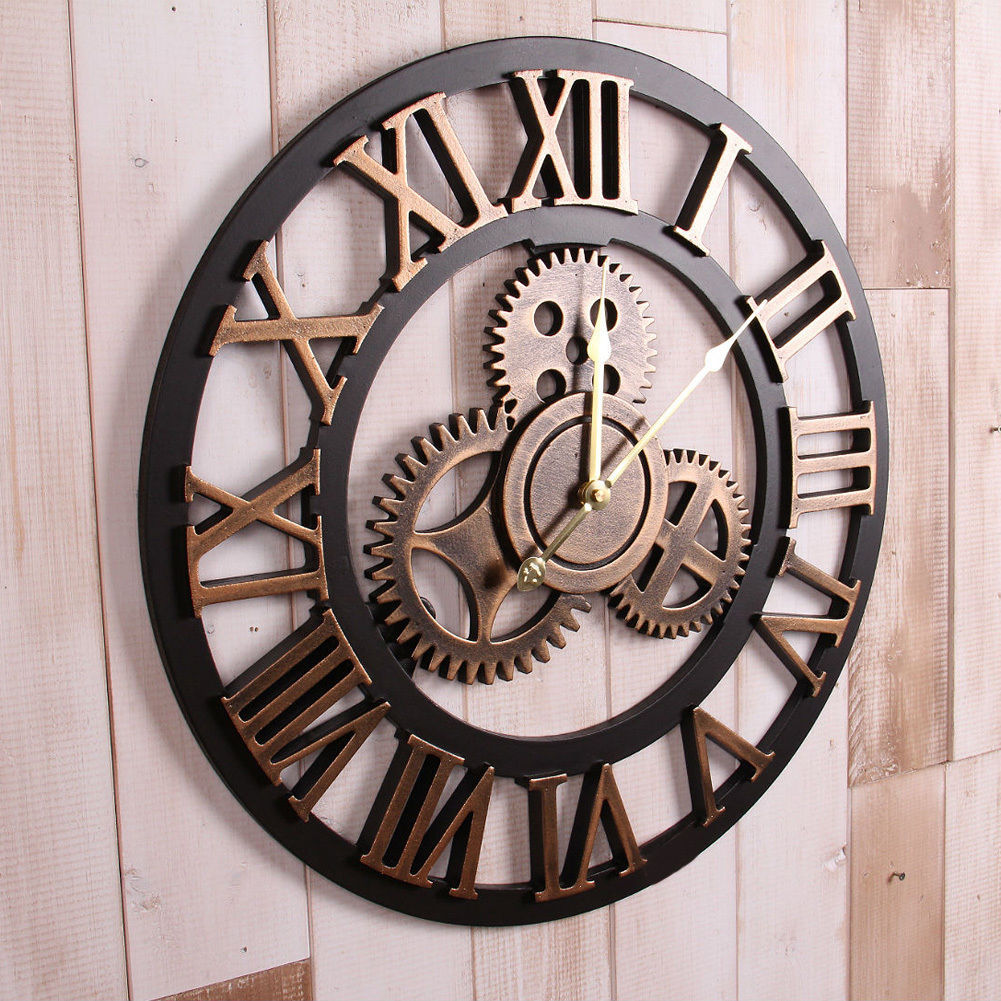 60cm Handmade Large Gear Wall Clock Vintage Rustic Wooden luxury art