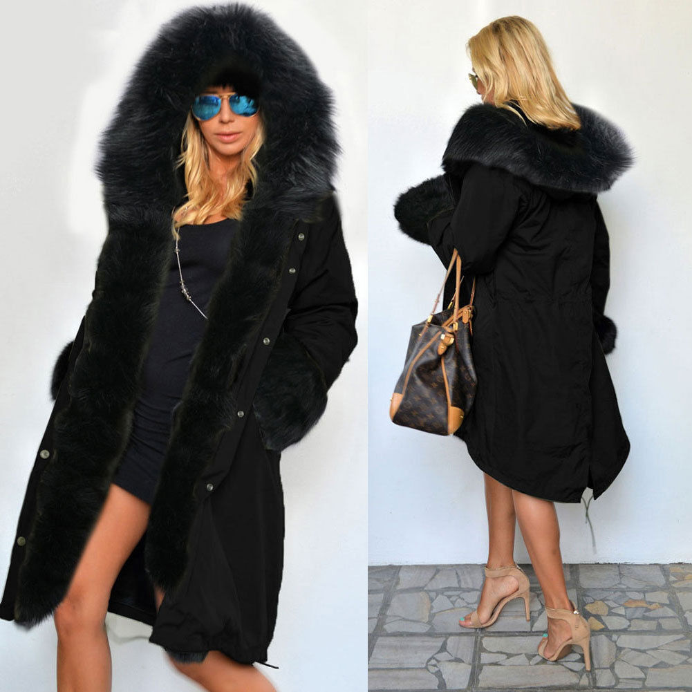 Women Winter Warm Thick Faux Fur Coat Outdoor Hood Parka Long ...