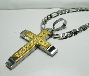 MEN-White-Gold-Plated-FIGARO-Chain-Necklace-24-w-Stainless-steel-Cross ...