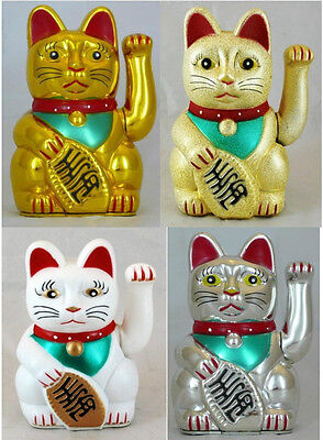 Swinging Arm Fortune Cat Maneki Neko - Battery Powered Lucky Cat. Size: 5" or 6"