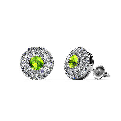Pre-owned Trijewels Peridot And Diamond Double Halo Stud Earrings 0.85 Ctw 14k White Gold Jp:84559 In Green