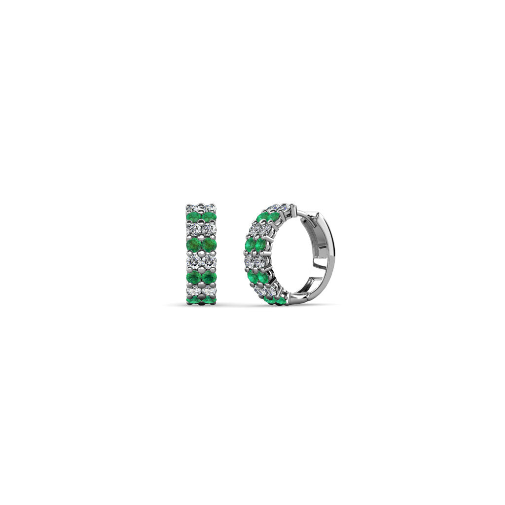 Pre-owned Trijewels Petite Emerald And Diamond 1/2 Ctw Double Row Hoop Earrings 14k Gold Jp:71323 In G-h