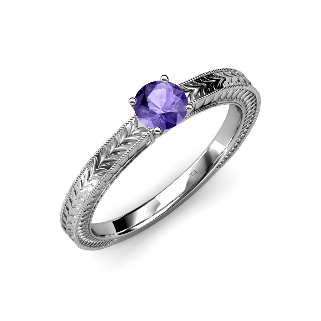 Pre-owned Trijewels Iolite Engraved Solitaire Engagement Ring With Milgrain Work 0.95 Ct In 14k Gold In Purple