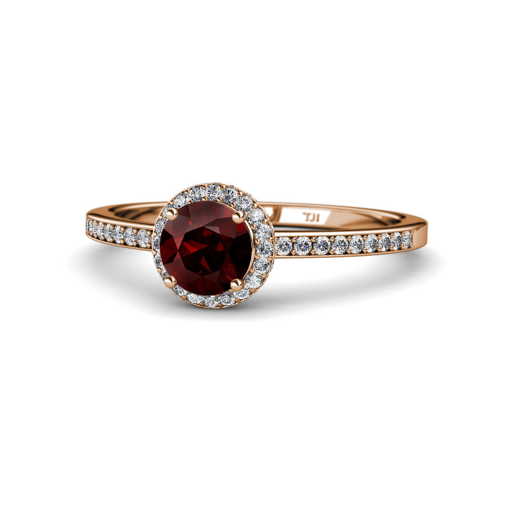 Pre-owned Trijewels Red Garnet & Diamond Halo Engagement Ring 1.50 Ct Tw In 14k Rose Gold Jp:115173