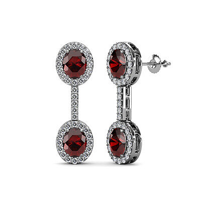 Pre-owned Trijewels Oval Red Garnet And Diamond Dangling Earrings 2.10 Ctw In 14k Gold Jp:69710