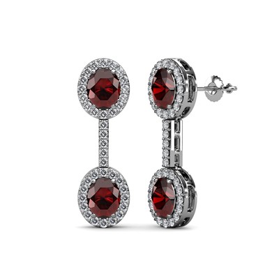 Pre-owned Trijewels Oval Red Garnet And Diamond Dangling Earrings 2.10 Ctw In 14k Gold Jp:69710