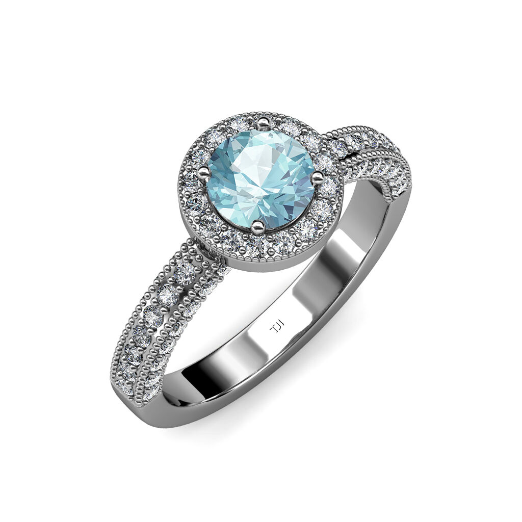 Pre-owned Trijewels Aquamarine & Diamond Halo Engagement Ring 1.53 Ct Tw In 14k Gold Jp:55088 In G - H