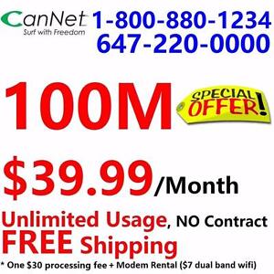 100M Unlimited Cable internet $39.99,No contract, one time $30 install, $7/month for dual band wireless modem rental