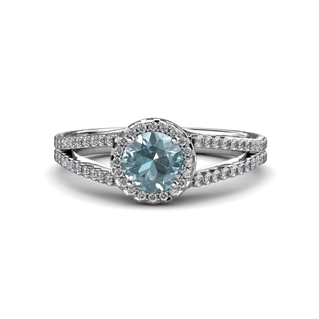 Pre-owned Trijewels Aquamarine And Diamond Halo Engagement Ring 1.38 Ct Tw 18k Gold Jp:54513 In G - H