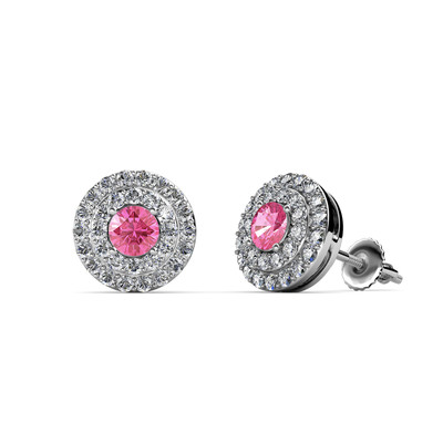 Pre-owned Trijewels Pink Tourmaline And Diamond Halo Stud Earrings 0.80 Ctw 14k White Gold Jp:84544