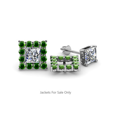 Pre-owned Trijewels Green Garnet Halo Jacket For Princess Cut Stud Earrings 0.88 Ct Tw In 14k Gold