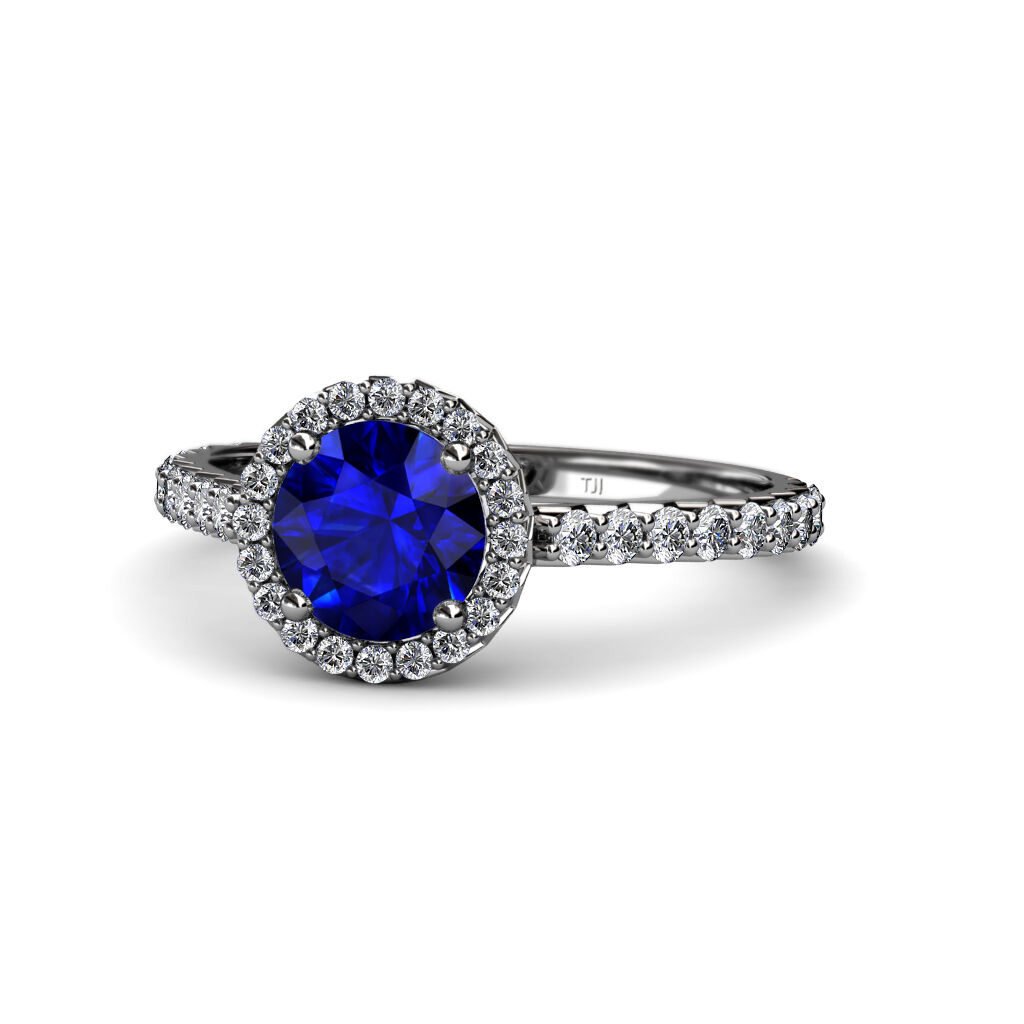 Pre-owned Trijewels Blue Sapphire & Diamond Halo Engagement Ring 1.38 Ct Tw 14k Gold Jp:55638 In G - H