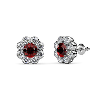 Pre-owned Trijewels Red Garnet & Diamond Floral Womens Halo Stud Earrings 2.70 Ctw 14k Gold