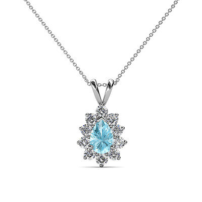 Pre-owned Trijewels Pear Aquamarine Diamond Women Halo Pendant Necklace 14k Gold. 18" Chain Jp:77573 In Green
