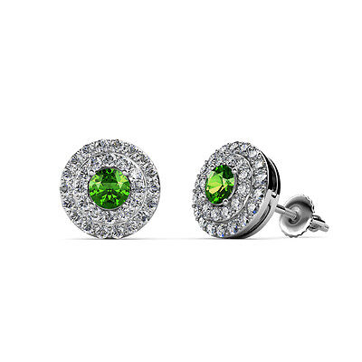 Pre-owned Trijewels Green Garnet & Diamond Double Halo Stud Earrings 0.85ctw 14k White Gold Jp:84562