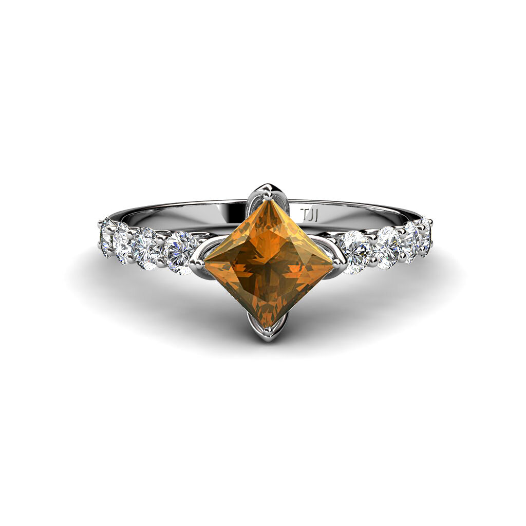 Pre-owned Trijewels Citrine & Side Diamond Engagement Ring 1 1/2 Ctw In 14k White Gold Jp:35467 In Orange