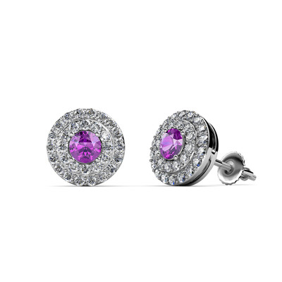 Pre-owned Trijewels Amethyst And Diamond Double Halo Stud Earrings 0.80 Ctw 14k White Gold Jp:84547 In Purple
