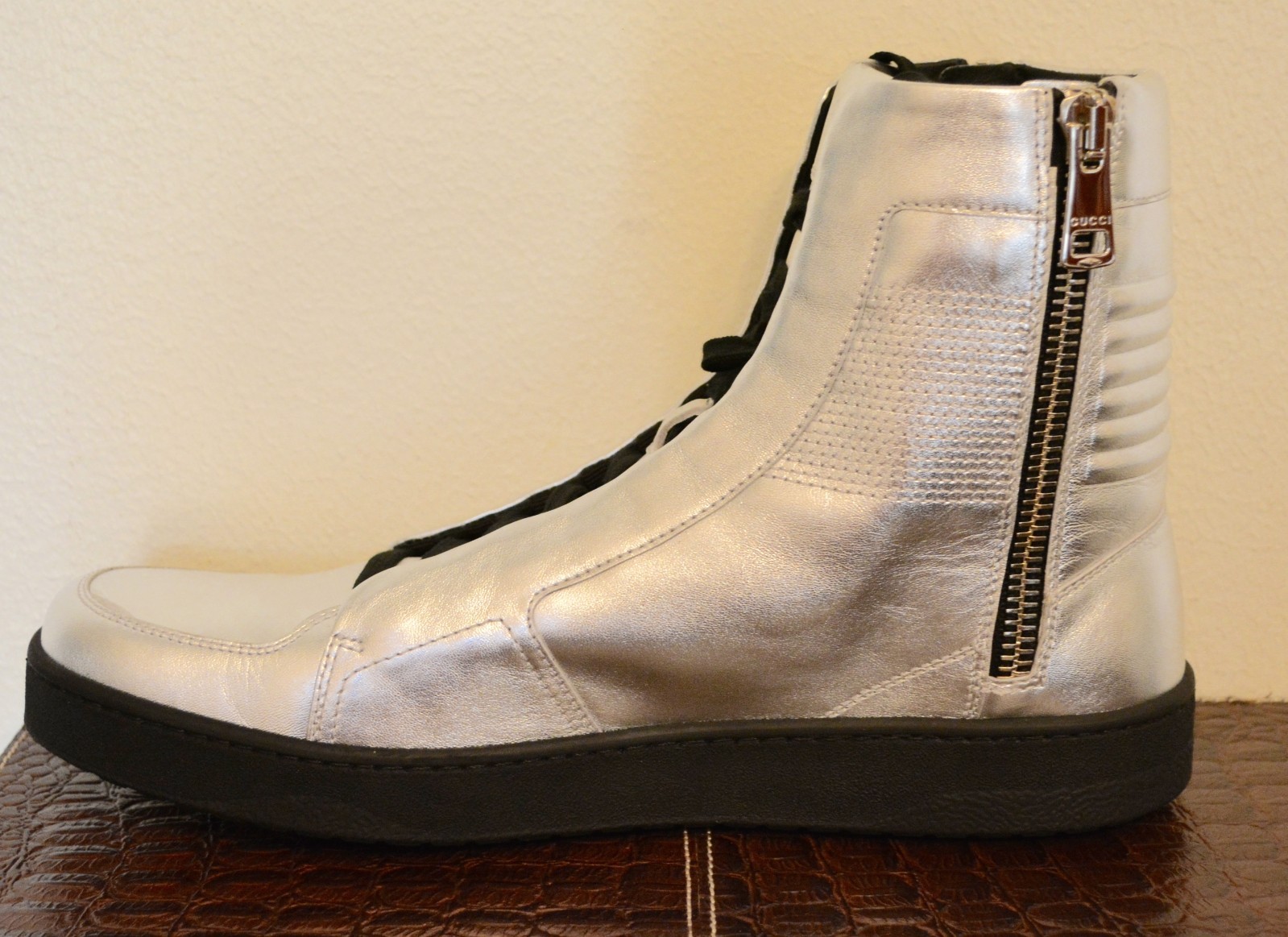 Pre-owned Gucci Mens Hitop Leather Silver Metallic Sneakers Us 9.5 Eu 43