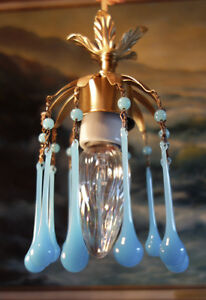 Vintage opaline SWAG  lamp Brass chandelier Opaline vintage 1of5 tole beads  hanging blue Blue Macaroni