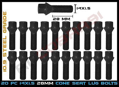 M14x1.5 Black Conical Seat Lug Bolts 28mm Shank - Audi VolksWagen Mercedes Benz