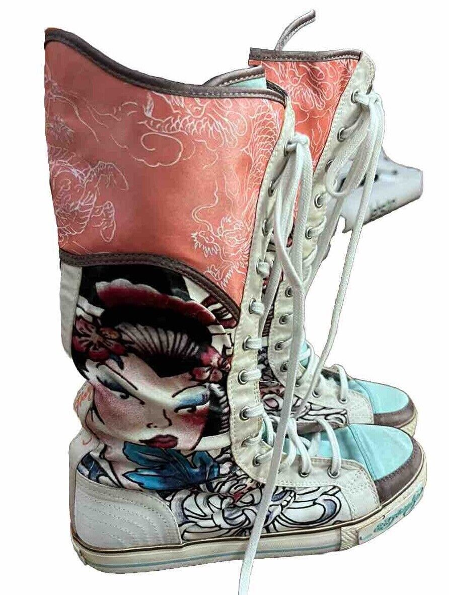 Ed Hardy Size 6 Geisha High Top Sneakers Pink Blue, Excellent Rare/Vintage