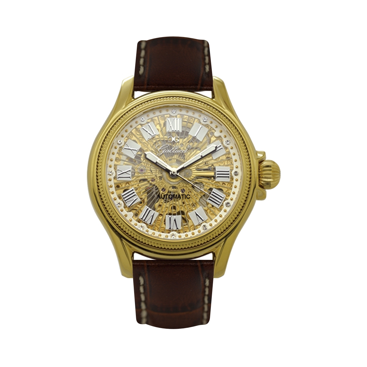 Pre-owned Gallucci Ladies Round Shape With Roman Numeral Skeleton Automatic Wrist Watch In Gold