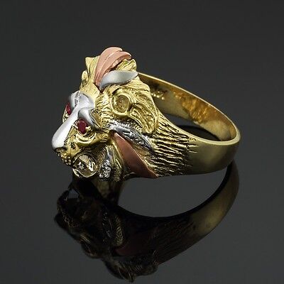 Pre-owned Claddagh Gold Multi-tone (white, Yellow, And Rose) Gold Lion Head Men's Cz Ring