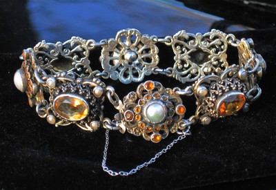 HUNGARIAN ANTIQUE GENUINE CITRINE & PEARL TESTED SILVER BRACELET SMALL WRIST6.5